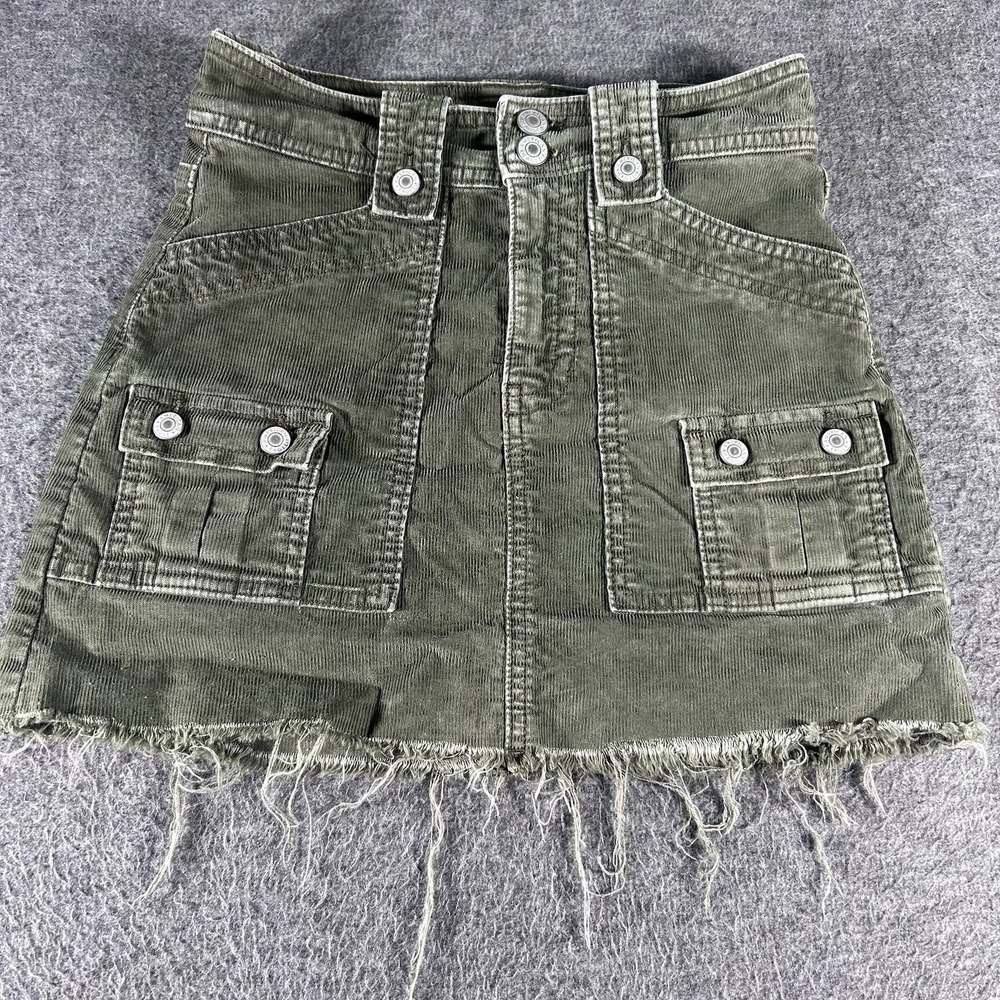 AMERICAN EAGLE Women's Corduroy Mini Skirt 000 Short Olive Green Raw‎ Hem Grunge